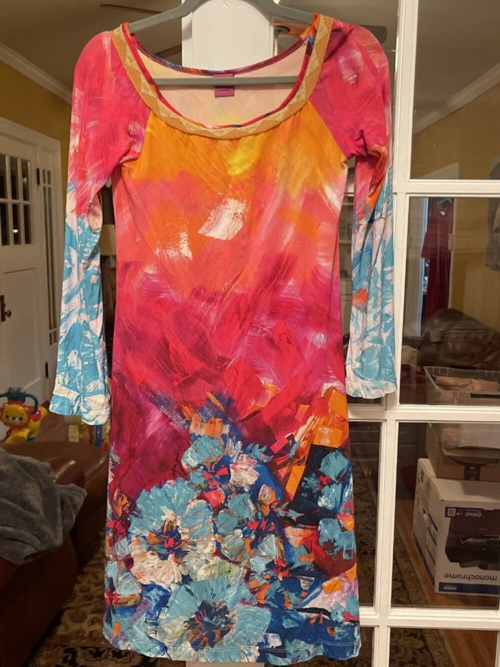 Lovely SAVE THE QUEEN M Pink Red Teal Slinky Jersey Dress